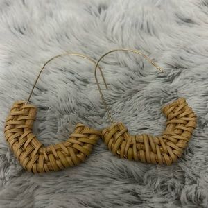 NWT fishhook hand woven wicker dangle, earrings, gold tone
